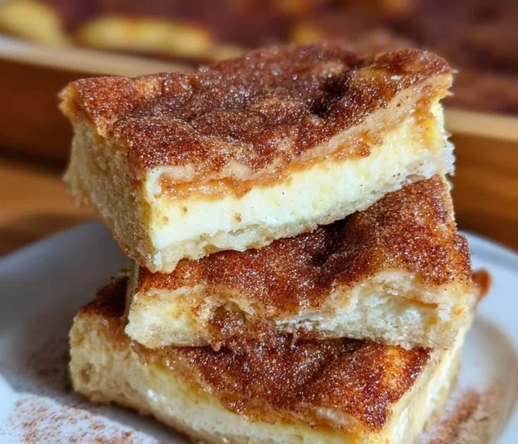 Churro cheesecake bars topped with cinnamon-sugar and creamy cheesecake filling
