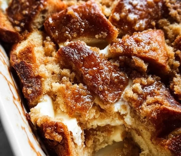 Delicious creamy baked cream cheese French toast casserole served on a plate