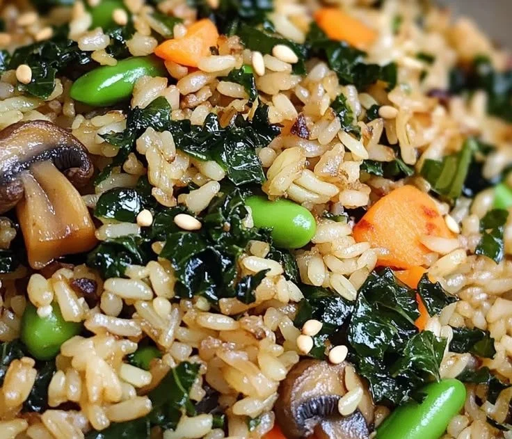 Plate of crispy kale and shiitake fried rice with colorful vegetables