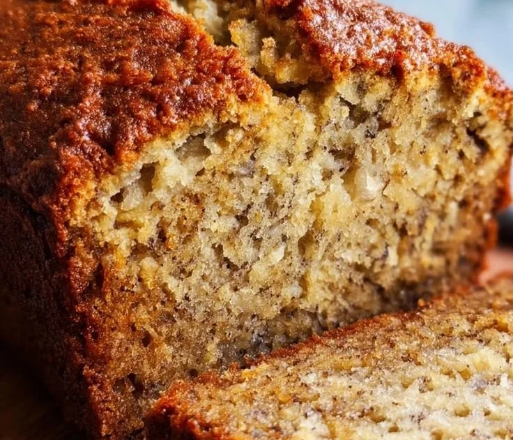 Freshly baked homemade banana bread on a wooden table.