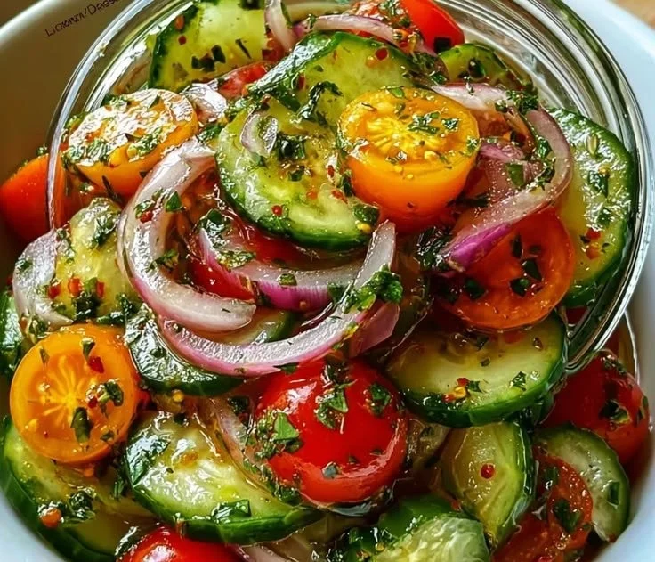 A vibrant summer salad featuring fresh tomatoes, cucumbers, and onions.