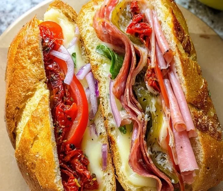 Toasted Italian sandwich with golden crust and savory fillings.