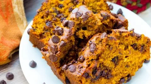 Delicious homemade chocolate chip pumpkin bread fresh out of the oven