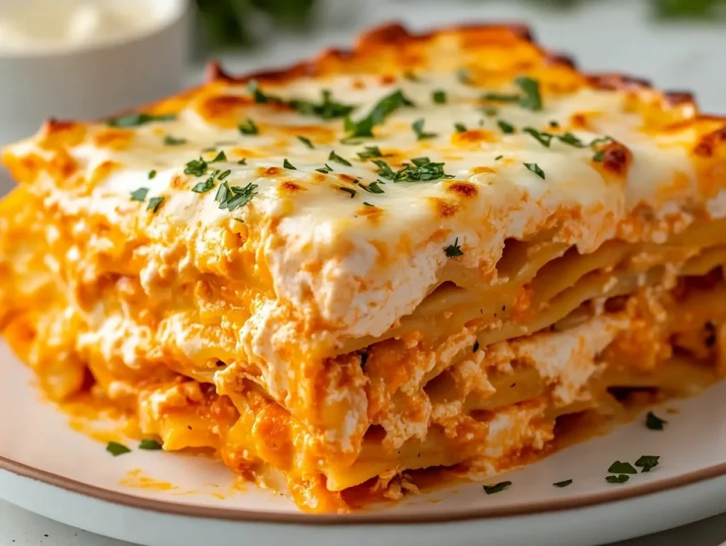 Buffalo Ranch Chicken Lasagna with melted cheese and fresh herbs on a plate