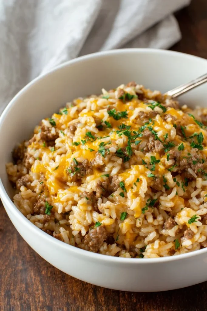 Cheesy Ground Beef and Rice Casserole served in a baking dish with melted cheese on top.