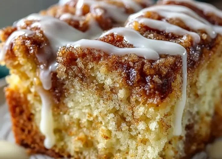 Delicious Cinnabon cinnamon roll cake topped with cream cheese frosting