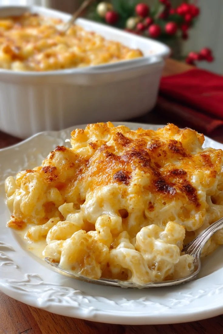 Creamy baked macaroni and cheese in a dish, garnished and ready to serve.