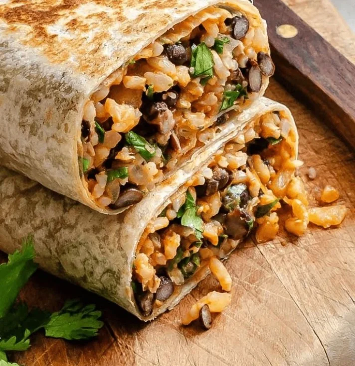 Freezer-friendly rice and black bean burrito ready to eat