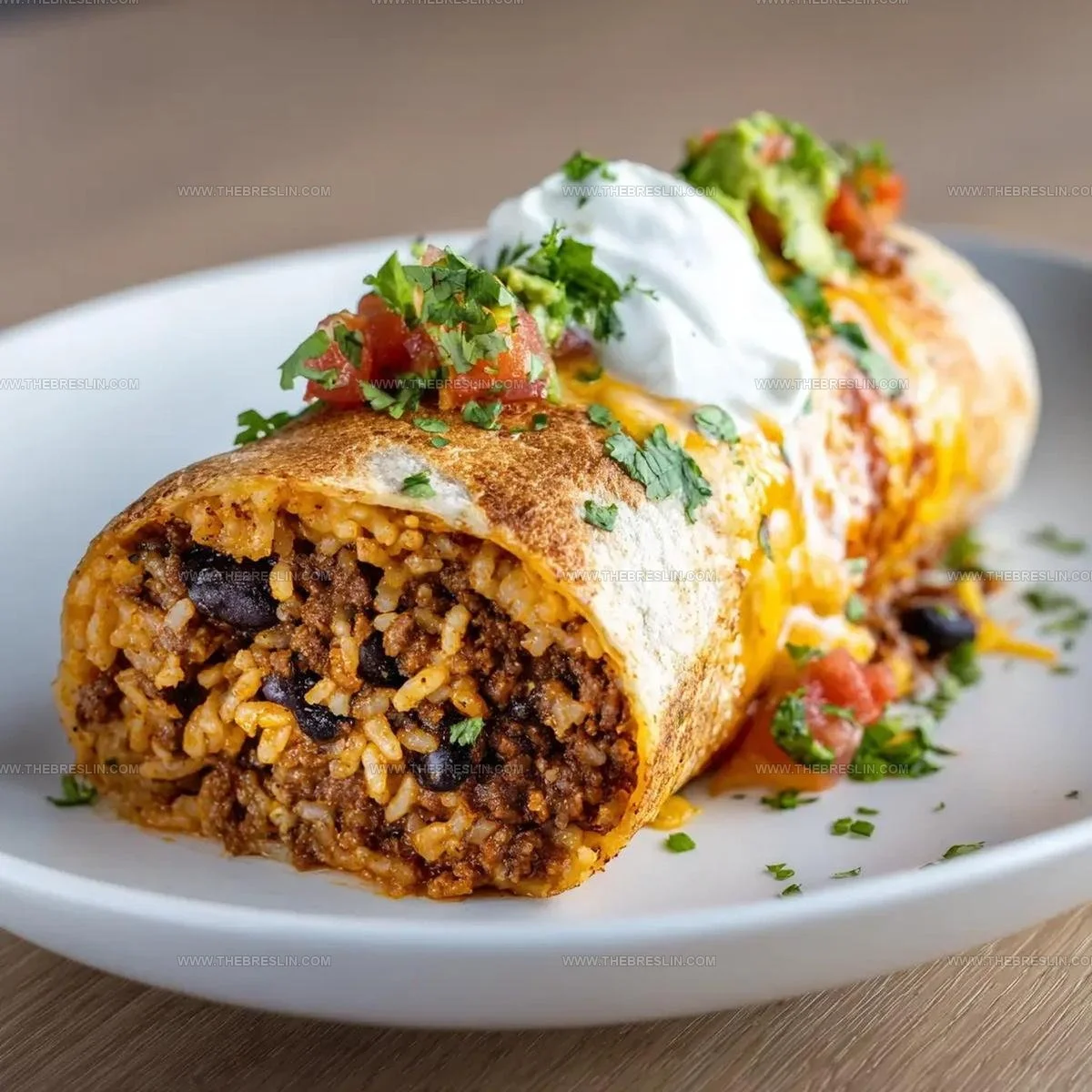 Stuffed beef burrito filled with savory ingredients and fresh toppings