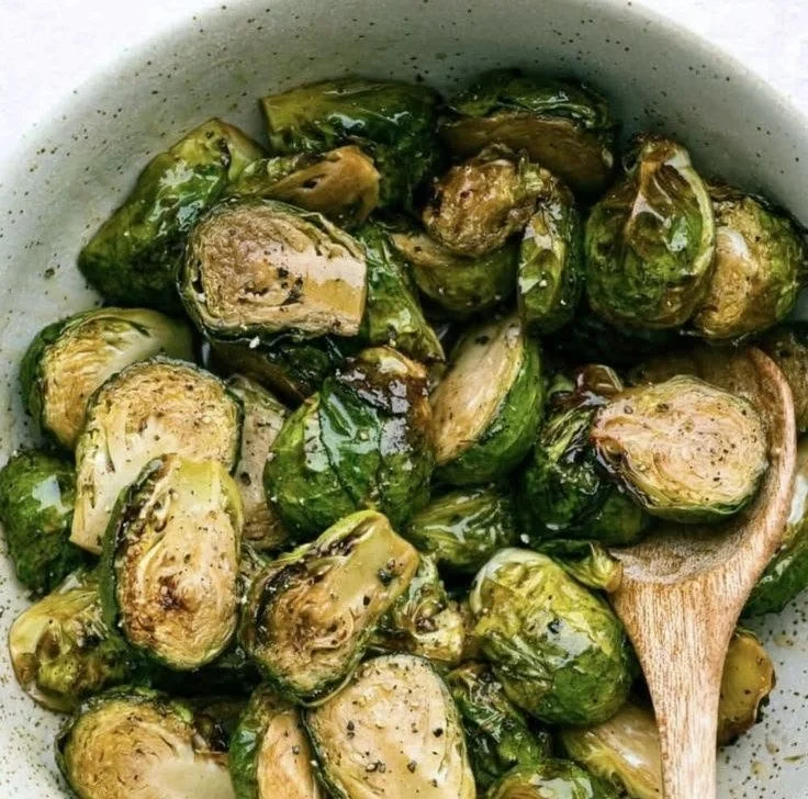 Delicious air fryer Brussels sprouts drizzled with brown sugar glaze