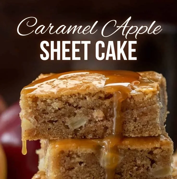 Apple Caramel Sheet Cake topped with caramel drizzle and apple slices