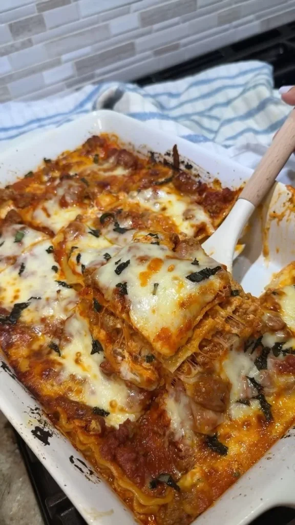 Delicious classic homemade lasagna with layers of cheese and savory sauce