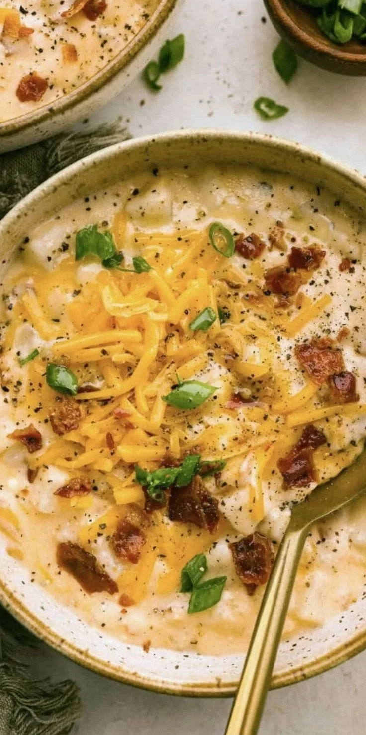 Creamy Crock Pot Crack Potato Soup garnished with cheese and green onions.