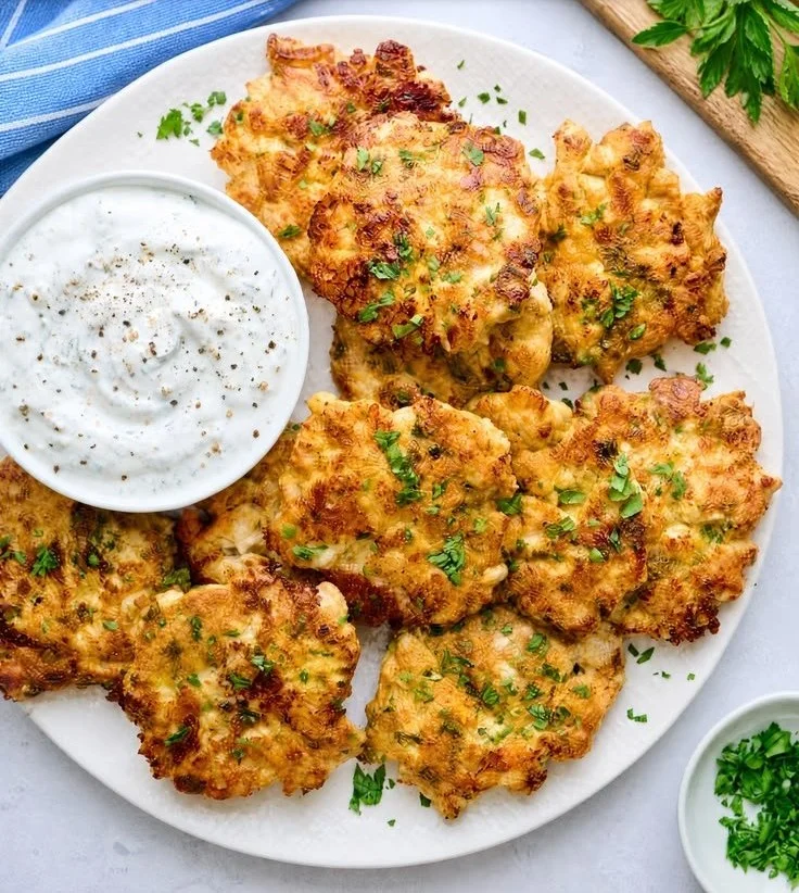 Plate of crispy chicken fritters served with dipping sauce