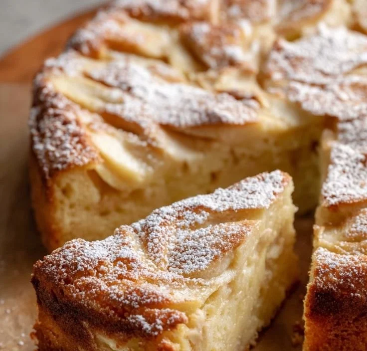 A slice of delicious French-style apple cake topped with powdered sugar