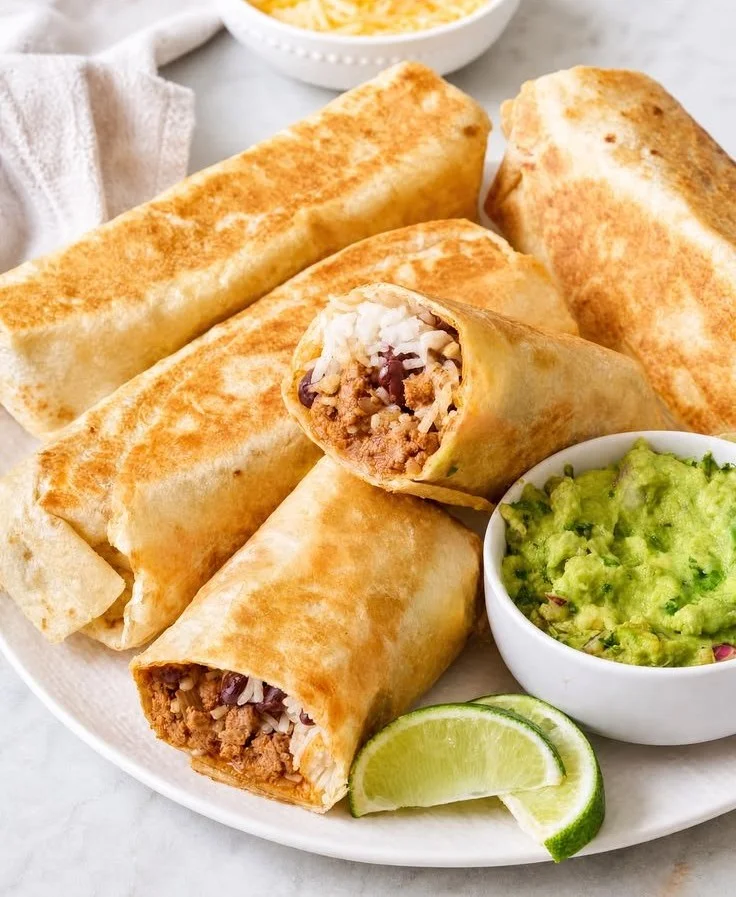 Delicious ground beef burritos served with fresh toppings and garnishes