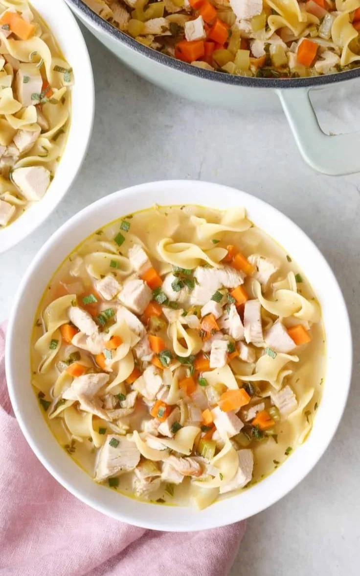 Bowl of homemade turkey noodle soup with vegetables and herbs
