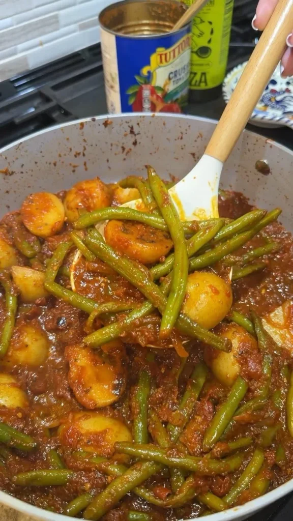 Italian-Style Green Beans and Potatoes cooked in a savory tomato sauce