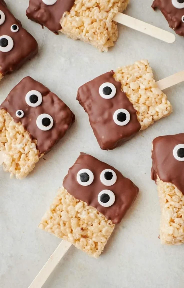 Colorful monster-themed Rice Krispies Treats for Halloween celebrations