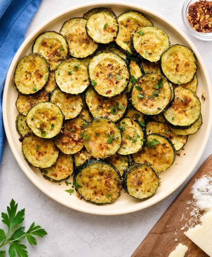 Plate of Parmesan Roasted Zucchini garnished with herbs