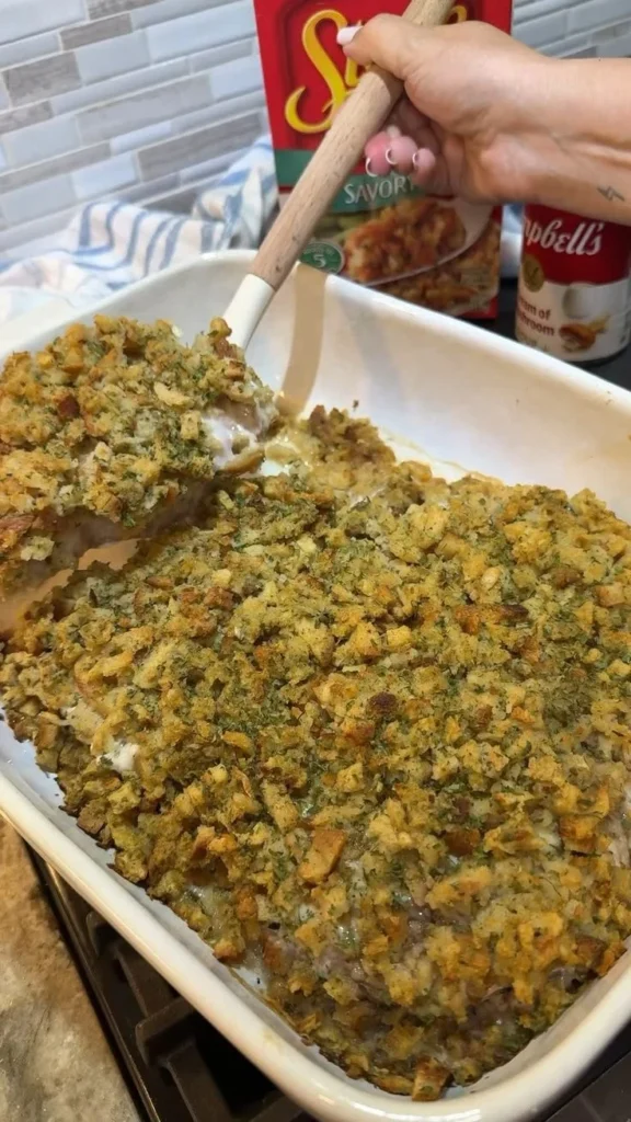 Delicious Pork Chop and Stuffing Casserole ready to serve