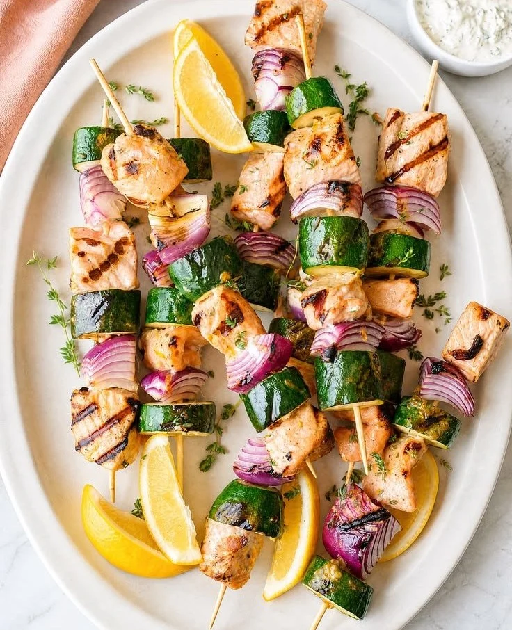 Grilled salmon kabobs skewered with vegetables for a tasty summer meal