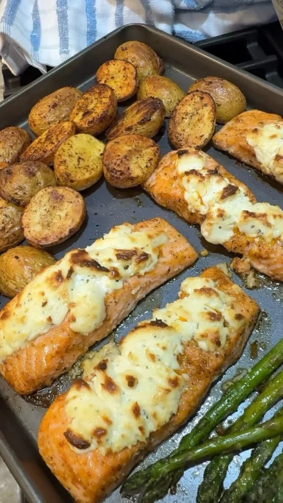 Boursin Cheese Sheet Pan Dinner featuring Salmon and vegetables