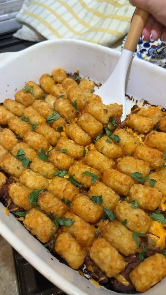 Delicious Sloppy Joe Tater Tot Casserole topped with crispy tater tots.