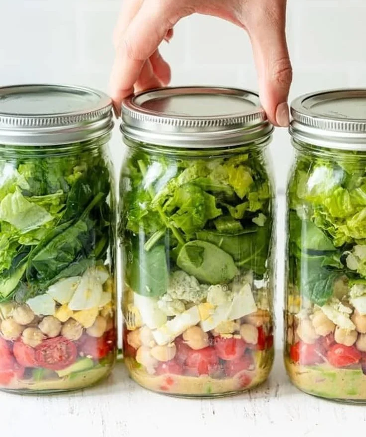 Vegetarian Cobb Salad Jars filled with fresh ingredients and dressed for a healthy meal